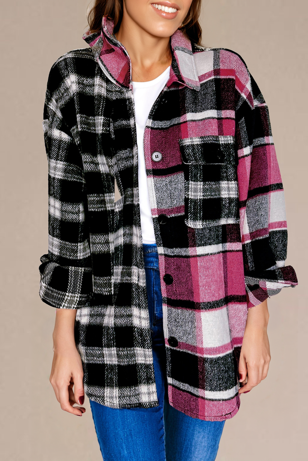 Colorful plaid block shacket with pockets - Love Salve